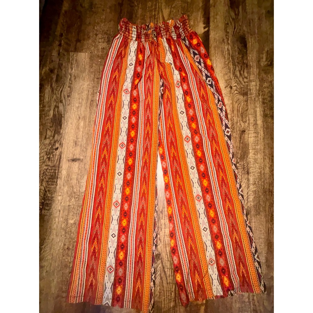 Boho Tribal Print Wide Leg Palazzo Pants Orange Red Smocked Waist Festival